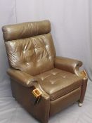 VINTAGE BUTTON UPHOLSTERED BROWN LEATHER EFFECT RECLINER ARMCHAIR, 100cms H, 88cms W, 60cms seat D