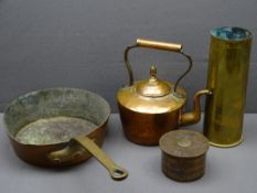 TRENCH ART SHELL CASINGS, copper kettle and a large heavy copper pan
