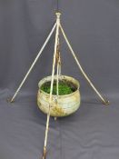 CAST IRON CAULDRON on tripod stand, 88cms H