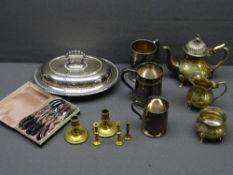EPNS entree dish, cased spoons, tankards and a small quantity of brass items ETC