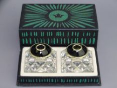 NORWEGIAN SILVER TOPPED CUT GLASS & ENAMELLED CANDLE HOLDERS, boxed pair with silver gilt and