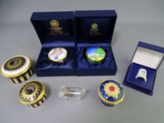 FIVE ROYAL WORCESTER PORCELAIN PILL BOXES including Millennium and Celebration 2001, a boxed thimble