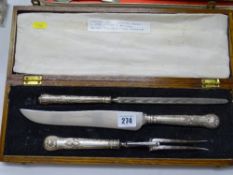 SILVER HANDLED THREE PIECE CARVING SET IN WOODEN CASE