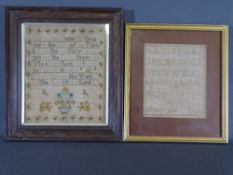 SMALL BIBLICAL SAMPLER with flowers and dragons, 23 x 20cms, unnamed and dated and a further early