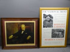 FRAMED PRINT OF A SEATED WINSTON CHURCHILL, 50 X 60cms and a framed National Trust advertising