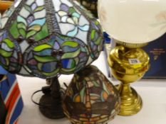 TIFFANY STYLE LAMPS (2) and a brass based oil lamp