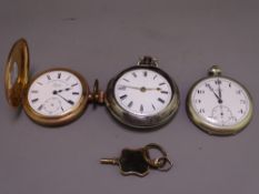 LONDON, PAIR CASED KEYWIND FUSEE POCKET WATCH and two others along with a yellow metal and agate fob