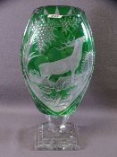 ART GLASS PEDESTAL VASE with Stag depiction