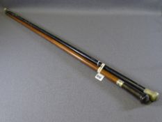 TWO WHITE METAL MOUNTED VINTAGE WALKING CANES including a mahogany example with ebony top and belt