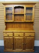 REPRODUCTION PINE GLASS TOP DRESSER, 201cms H, 140cms max W, 41cms D
