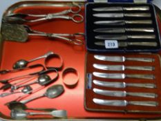 SILVER BUTTER & CAKE KNIVES, cased, plated tongs, napkin rings ETC