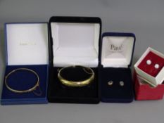 9CT GOLD BANGLE, gold plated silver bangle and two pairs of gold earrings