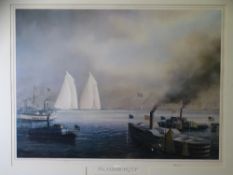 TIM THOMPSON prints, a pair - 'The Americas Cup', yachts with paddle and other boats looking on,