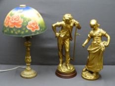 SPELTER FIGURES of a farming boy and girl, max height 47cms and a fancy table lamp
