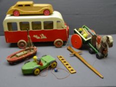 VINTAGE WOODEN TOYS including bus, cars and horse and cart ETC