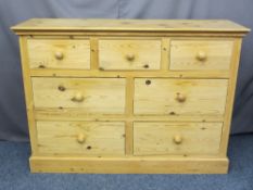 REPRODUCTION PINE MULTI-DRAWER CHEST, three small over four large drawers with turn wood knobs on