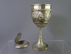 INDIAN WHITE METAL PRESENTATION CHALICE and circular snuff box (untested), 315grms