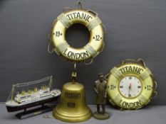 THE TITANIC - four reproduction commemorative items, a ship's bell, a standing figurine of the