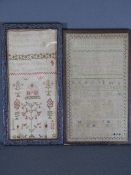 A FIGURAL SAMPLER by Margaret Williams 1841, 42 x 19cms and an alphabetical sampler dated 1836, 41 x