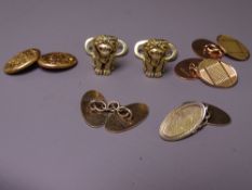 GENT'S GOLD CUFFLINKS & OTHERS including a 14ct pair of seated lions with Ruby eyes, 12.5grms, a 9ct