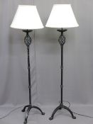 MODERN WROUGHT IRON STANDARD LAMPS WITH SHADES, a pair, E/T