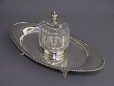 SILVER INKSTAND, Victorian of oval form with rope edge and on four raised feet, matching cut glass