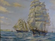 J BISHOP oil on canvas - Ships at full mast, 50 x 60cms