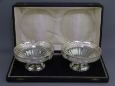 COLONIAL SILVER PEDESTAL DISHES, boxed pair, with fluted bowls and pierced rims in Art Deco form