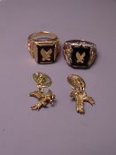 TWO BLACK HILLS GOLD MINER'S TYPE RINGS and a pair of silver gilt eagle cufflinks, the rings stamped
