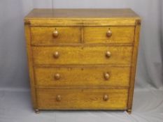 VINTAGE OAK CHEST of two short over three long drawers with turned wooden knobs on bun feet, 99cms