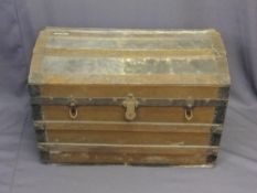 VINTAGE METAL BOUND DOME TOP TRAVEL TRUNK, 50cms H, 75.5cms W, 43cms D