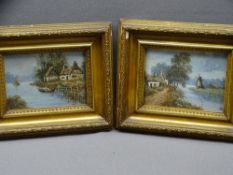 'M H' initialled oils on board, a pair - riverbank scenes showing cottages and a windmill, 13 x 19.
