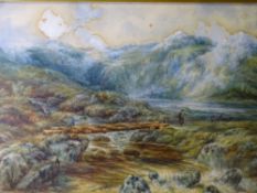 A. STELFOX watercolour - expansive landscape, figures and carts in the valley with buildings to