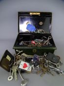 VINTAGE GREEN TIN CASH BOX OF KEYS ETC