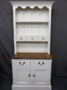 NEAT RUSTIC STYLE PAINTED KITCHEN DRESSER, two shelf rack with three central drawers over the base