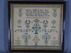 A SAMPLER by Jane Elizabeth Tritton, 1834 - trees and birds and a four line poem 'Industry taught in