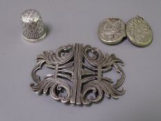 LADY'S SILVER FLORAL SCROLLED BELT BUCKLE, Birmingham 1901, a silver thimble, total 0.7ozs (