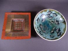 POTTERY DISHES - a fine art pottery abstract square dish, 25cms unattributed and a Rumney pottery