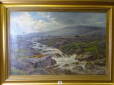 F W PIKE oil on canvas - moorland river with cattle and figures in background, 50 x 75cms