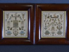 PAIR OF FINE UNNAMED FIGURAL & ANIMAL SAMPLERS in matching mahogany frames, each 17 x 15cms