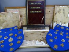 REGIMENTAL & MILITARY BADGES and framed WWII relics ETC, the badges mounted on six shield shaped