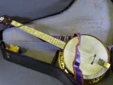 MUSICAL INSTRUMENT - banjo in a hard case with mother of pearl detail, labelled 'The Broadcaster'