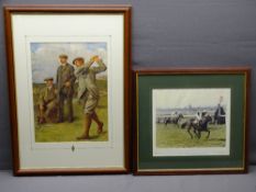 AFTER CLEMENT FLOWER coloured print of three hatted and waist coated gents golf driving at St