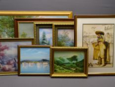 MODERN LANDSCAPE OILS ON CANVAS, a quantity, with a framed colourful print of a Spanish Matador,