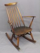 ERCOL ROCKING CHAIR with spindle back, 86cms H, 61cms W, 38cms seat depth