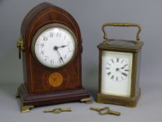 TWO VINTAGE MANTEL CLOCKS including a brass cased carriage clock having a white enamel dial set with