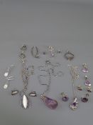 AMETHYST & MOTHER OF PEARL SET SILVER JEWELLERY, a quantity, a pair of similarly set gold colour