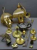 BRASSWARE - candle holders, fireside irons, ornate doorbell, electrified ceiling glass and brass