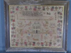 AN EARLY 19TH CENTURY SAMPLER by Mary Roberts, Aged 12 - figures and buildings and a four line