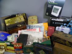 BOXED HYNDAI ELECTRIC SEWING MACHINE with foot pedal, a quantity of vintage tins including a rare